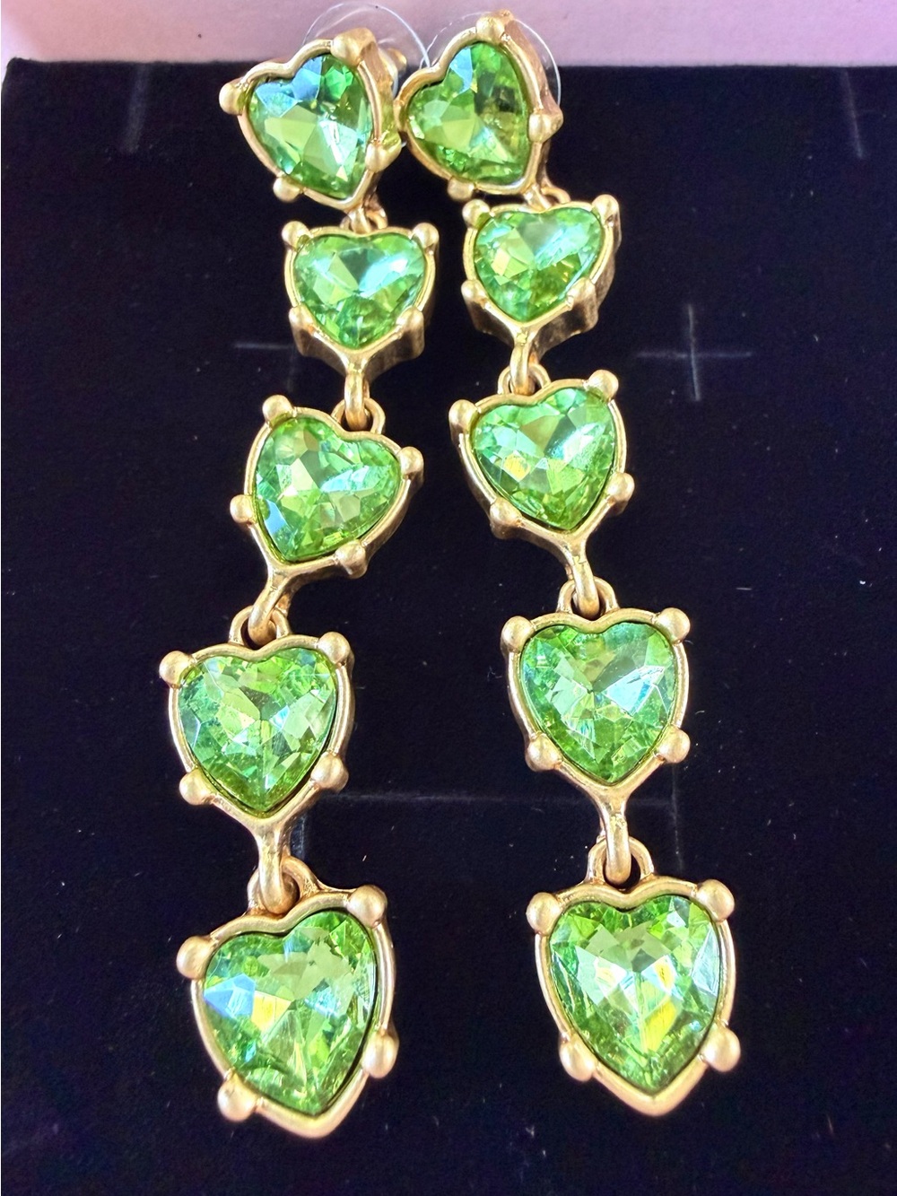 Oscar de la Renta Gold Dangling Heart Earrings with Peridot Green Heart Crystal
